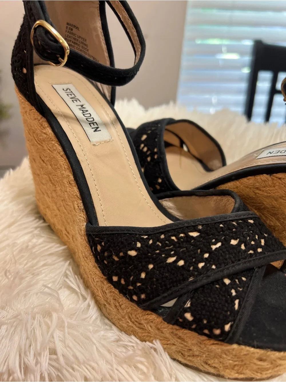 Steve Madden Black Lace Espadrille Wedge Sandals with Jute Platform